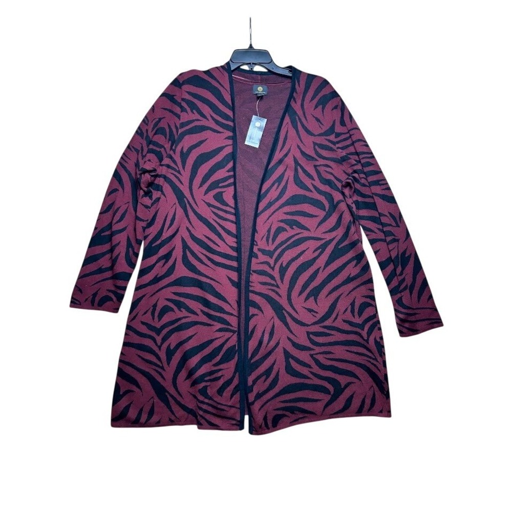 JM Collection Womens 2X Zebra Print Open Front Cardigan Burgundy Black Longline